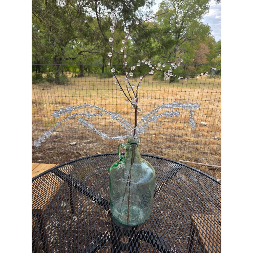 Vintage Green Glass Jug Bottle with Clear Crystal Beaded Decorative Stems Set